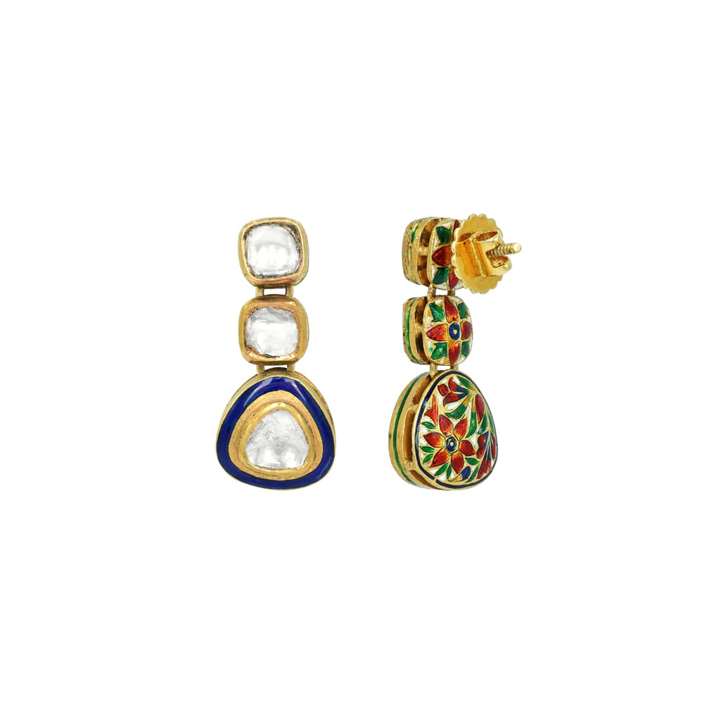 Triangle Polki Earrings with Blue Enamel